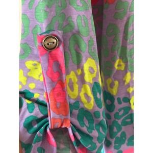 Dear Scarlett Women Neon Leopard Print Roll Tab Sleeve Blouse Purple Multi Large